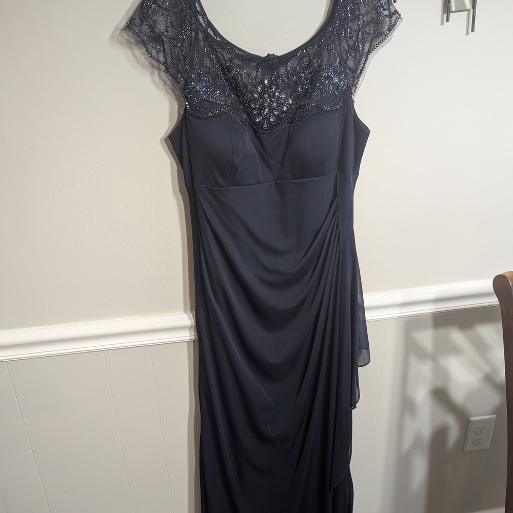 Xscape Blue Maxi Gown with Cap Sleeves and Sequins